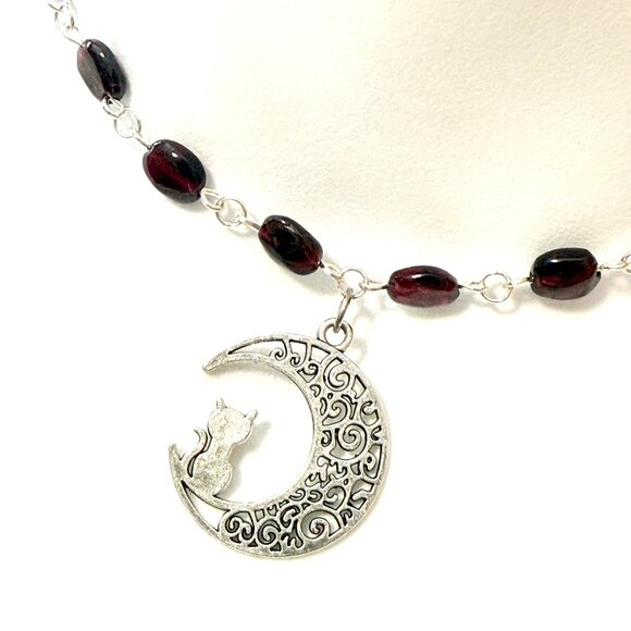 Genuine Garnet Short Necklace, Natural Gemstone w/ Cat on the Moon Pendant - Picture 1 of 15